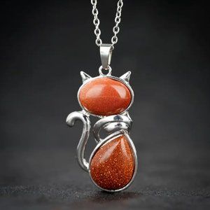 Gold Sandstone Natural Stone Cute Cat Pendant Necklace
